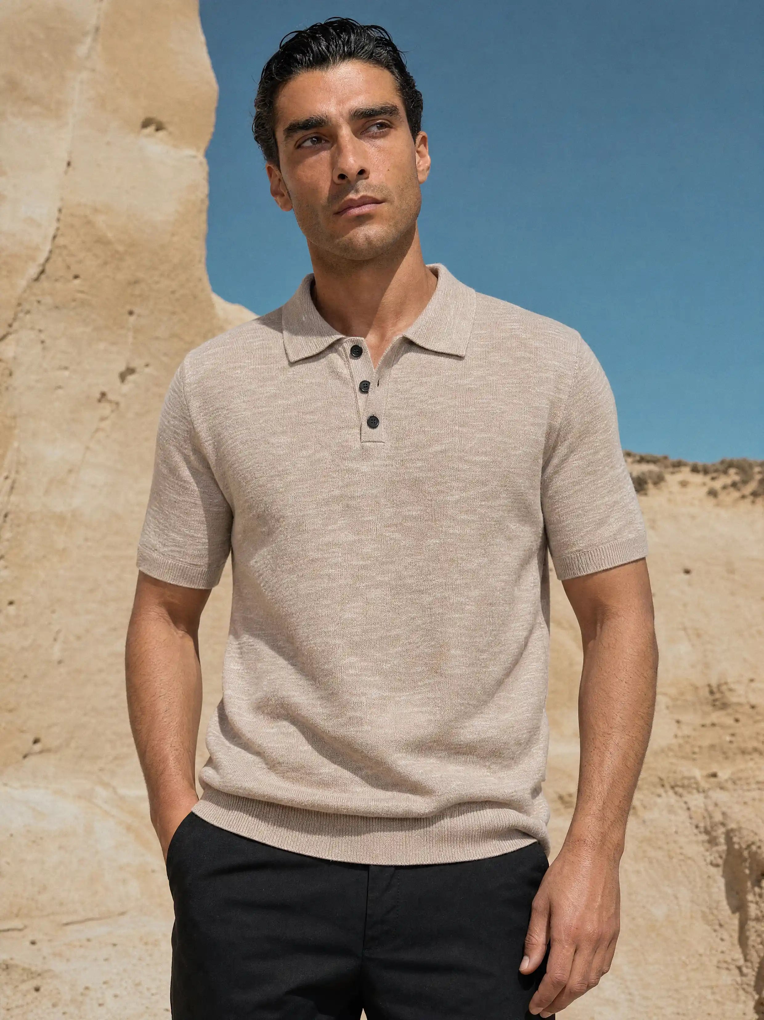 Melange Knit Polo, Beige