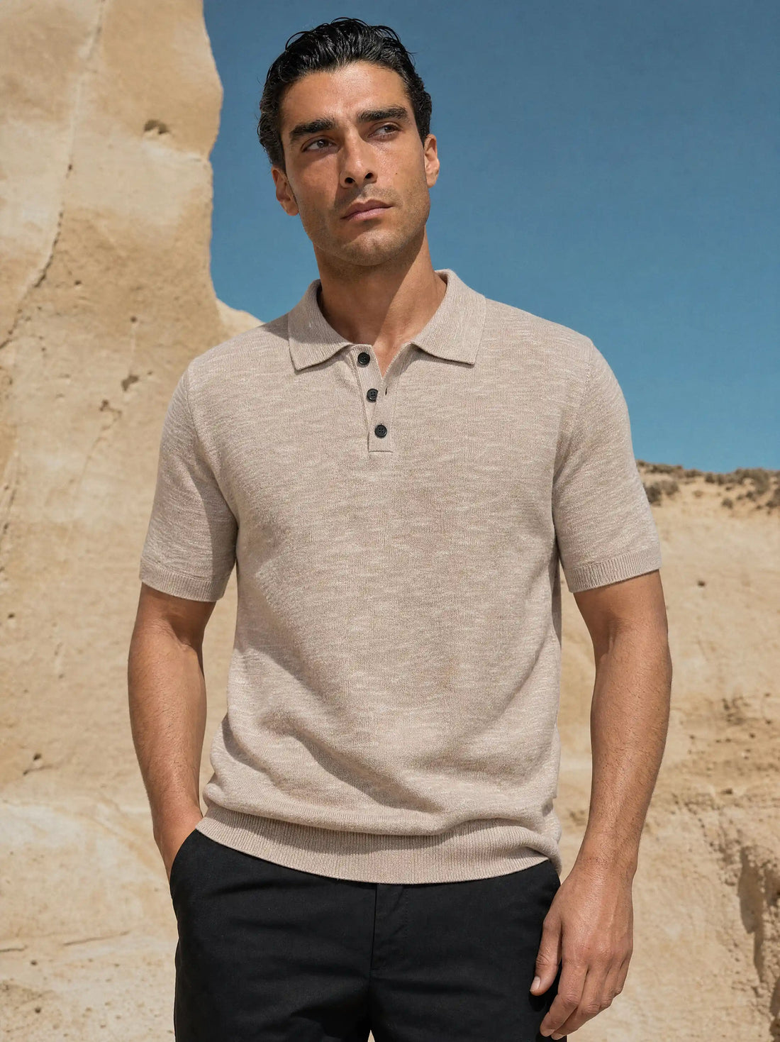 Melange Knit Polo, Beige