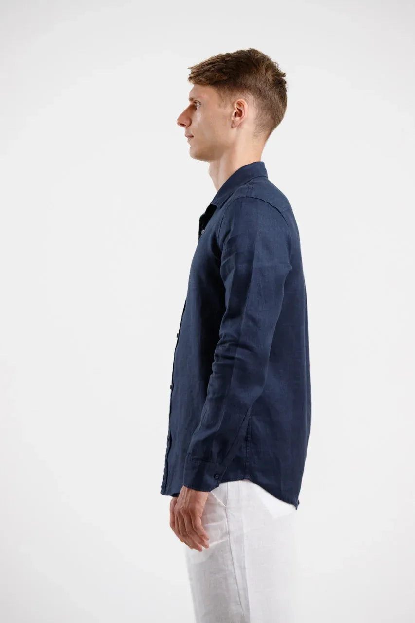 Pure Linen Long Sleeve Shirt - Navy - Squalo Roma, image 3 of 3