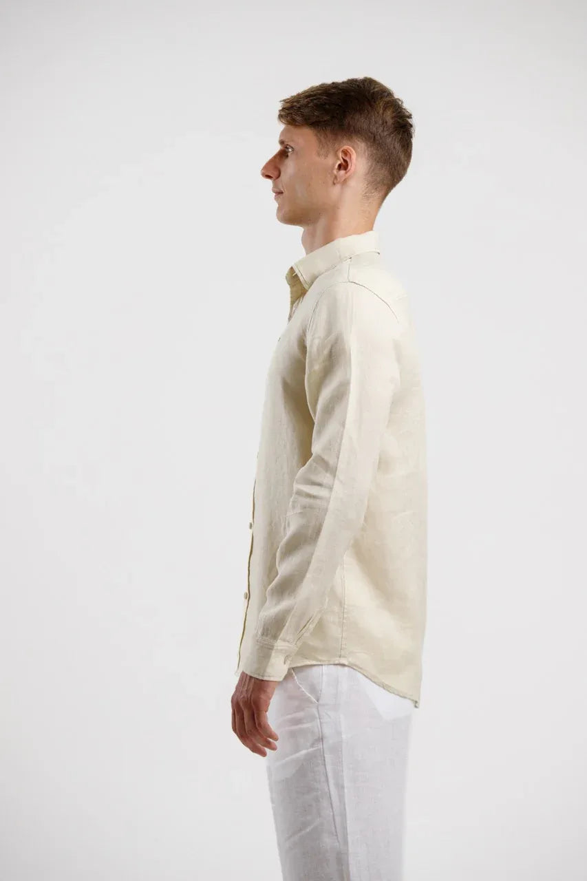 Pure Linen Long Sleeve Shirt - Beige - Squalo Roma, image 3 of 3