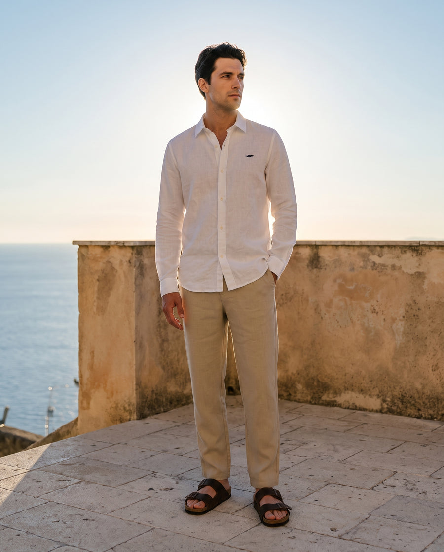 Squalo Roma linen outfit at a terrace lunch