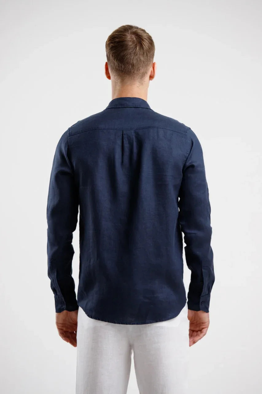 Pure Linen Long Sleeve Shirt - Navy - Squalo Roma, image 2 of 3
