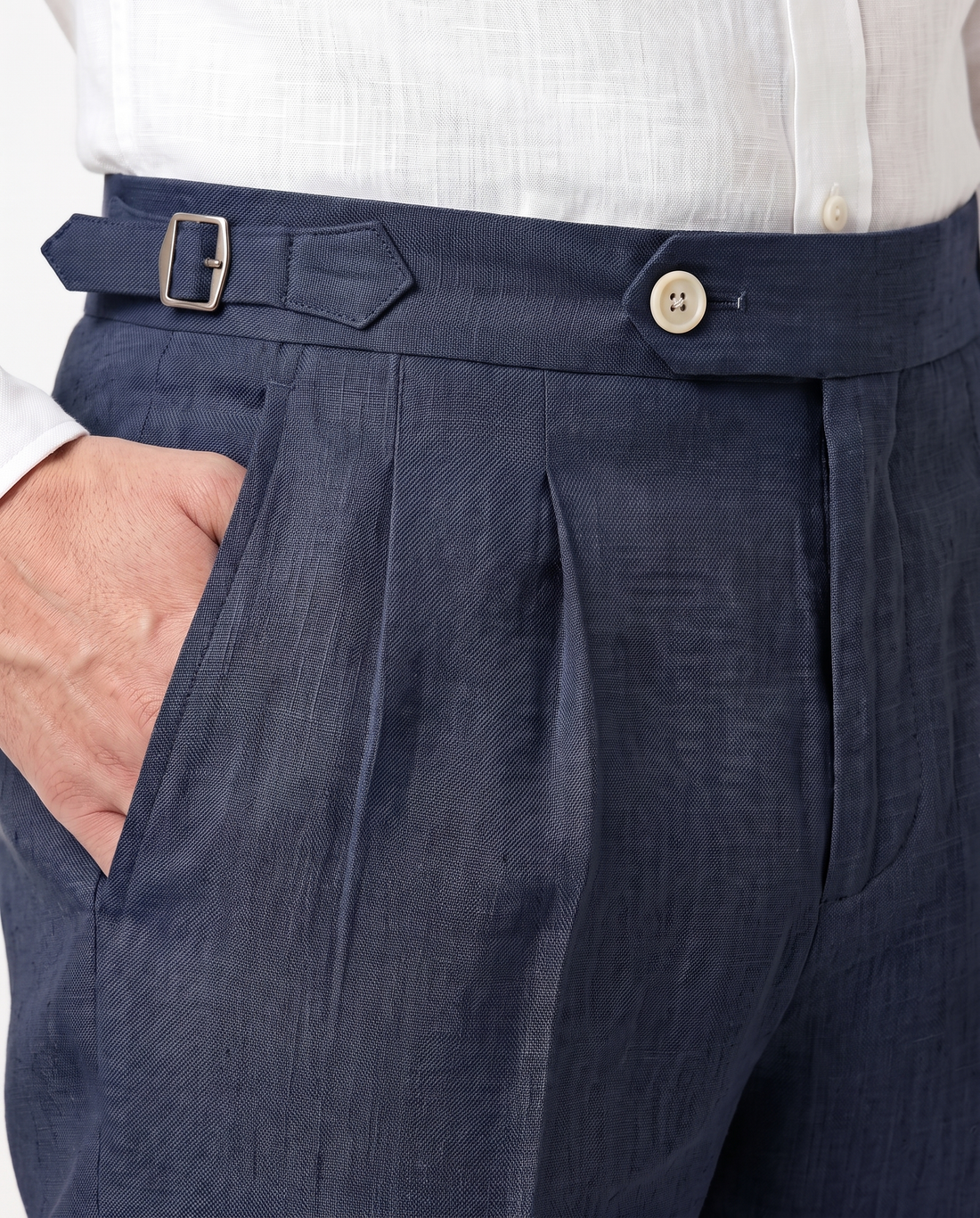 Pleated Linen Trousers, Navy