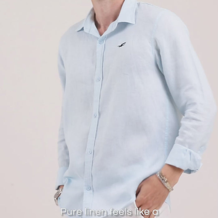 Squalo Pure Linen Long Sleeve Shirt Sky Blue - on body
