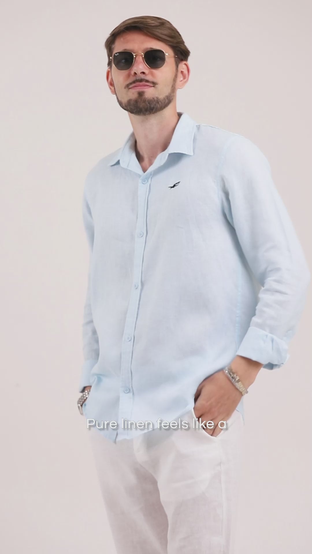 Squalo Pure Linen Long Sleeve Shirt Sky Blue - on body