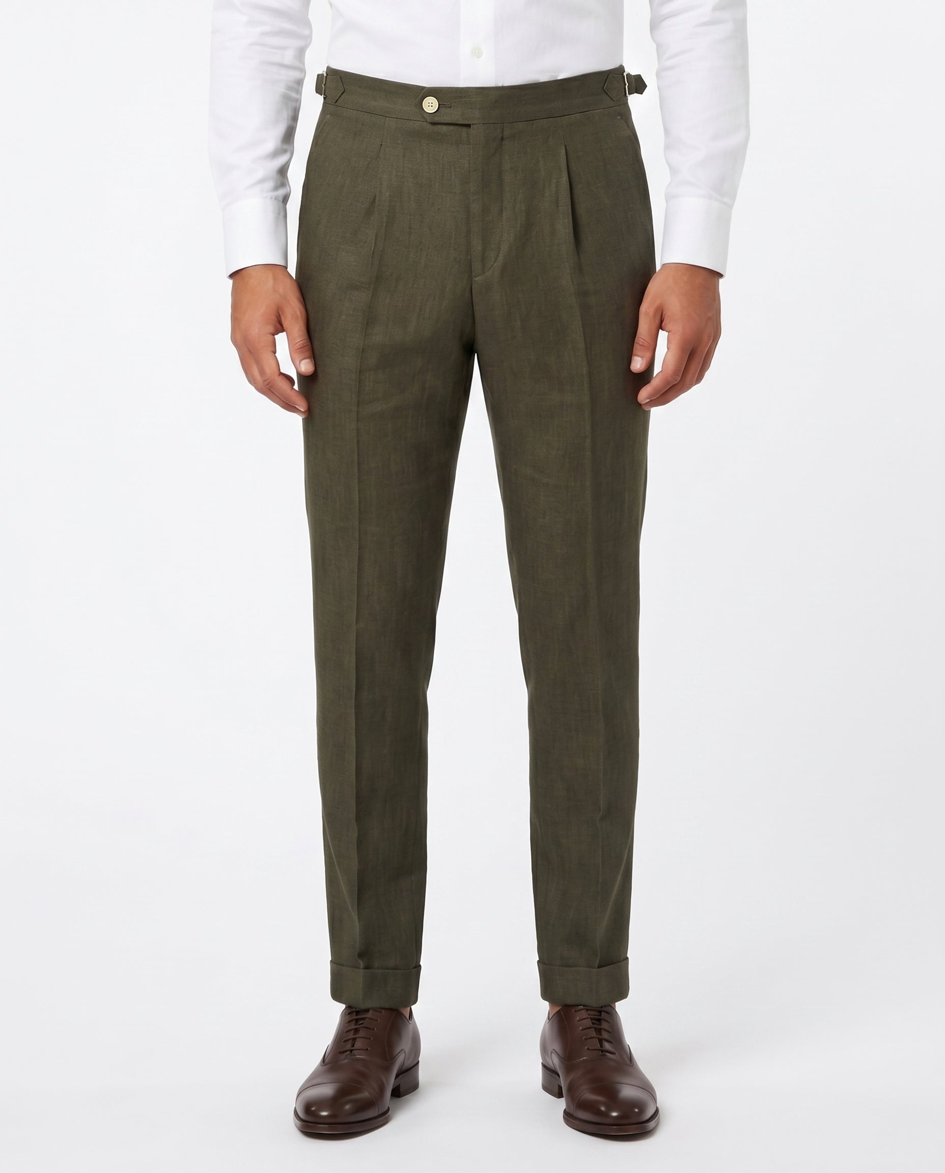 Pleated Linen Trousers, Olive