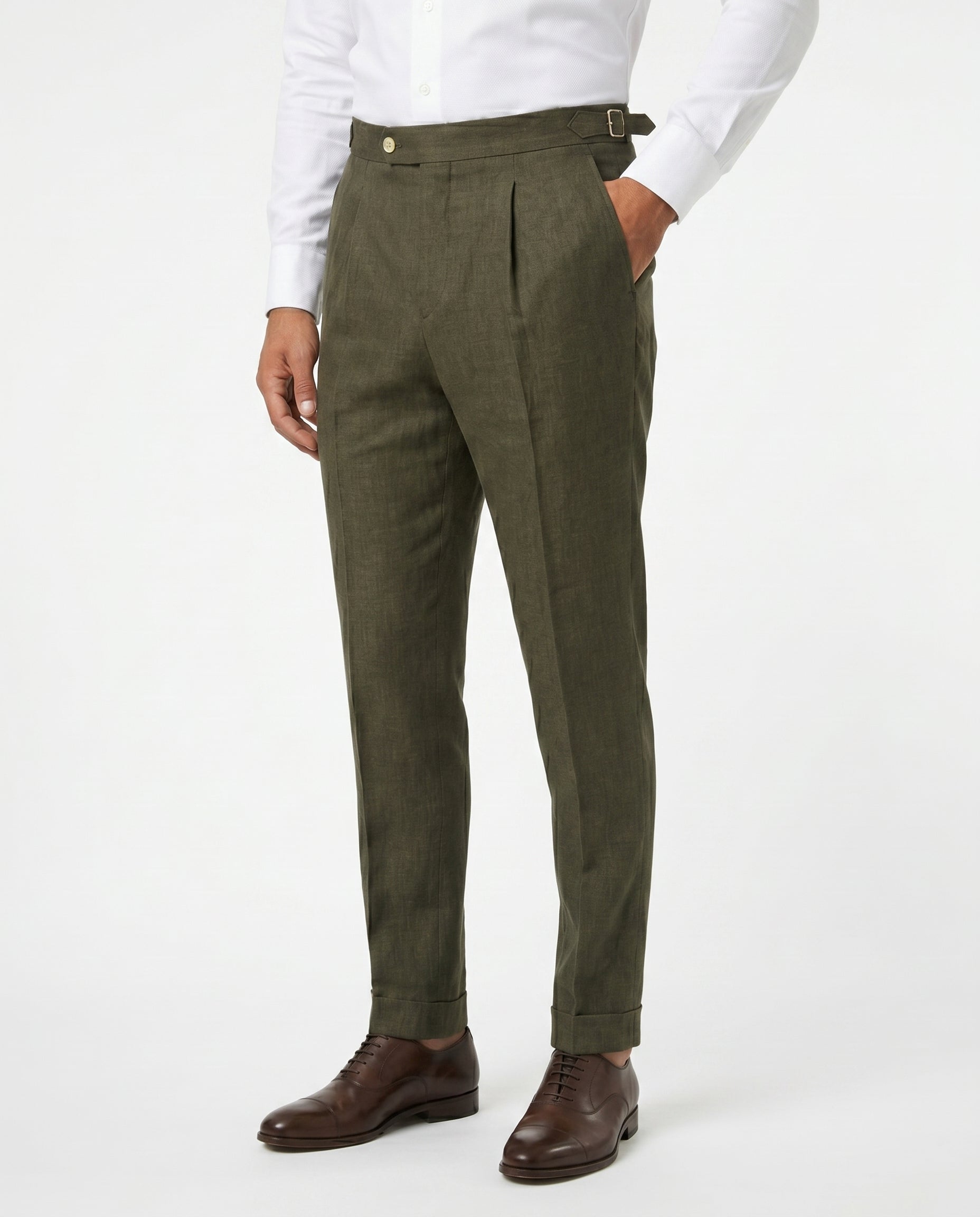 Pleated Linen Trousers, Olive