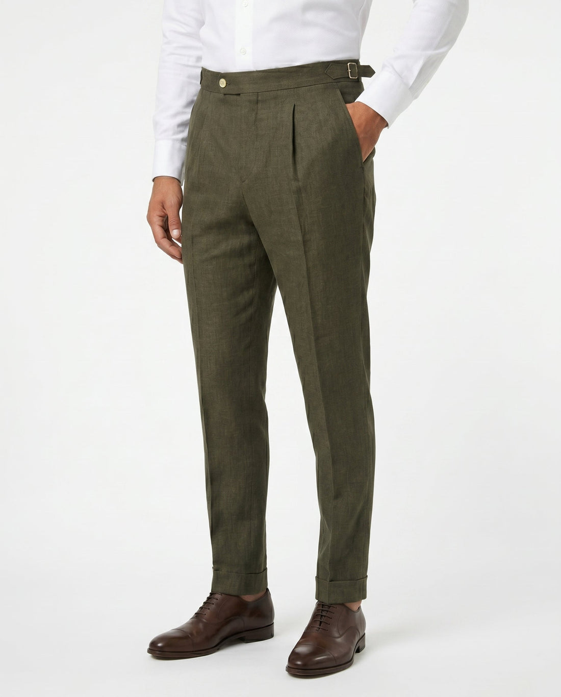Pleated Linen Trousers, Olive
