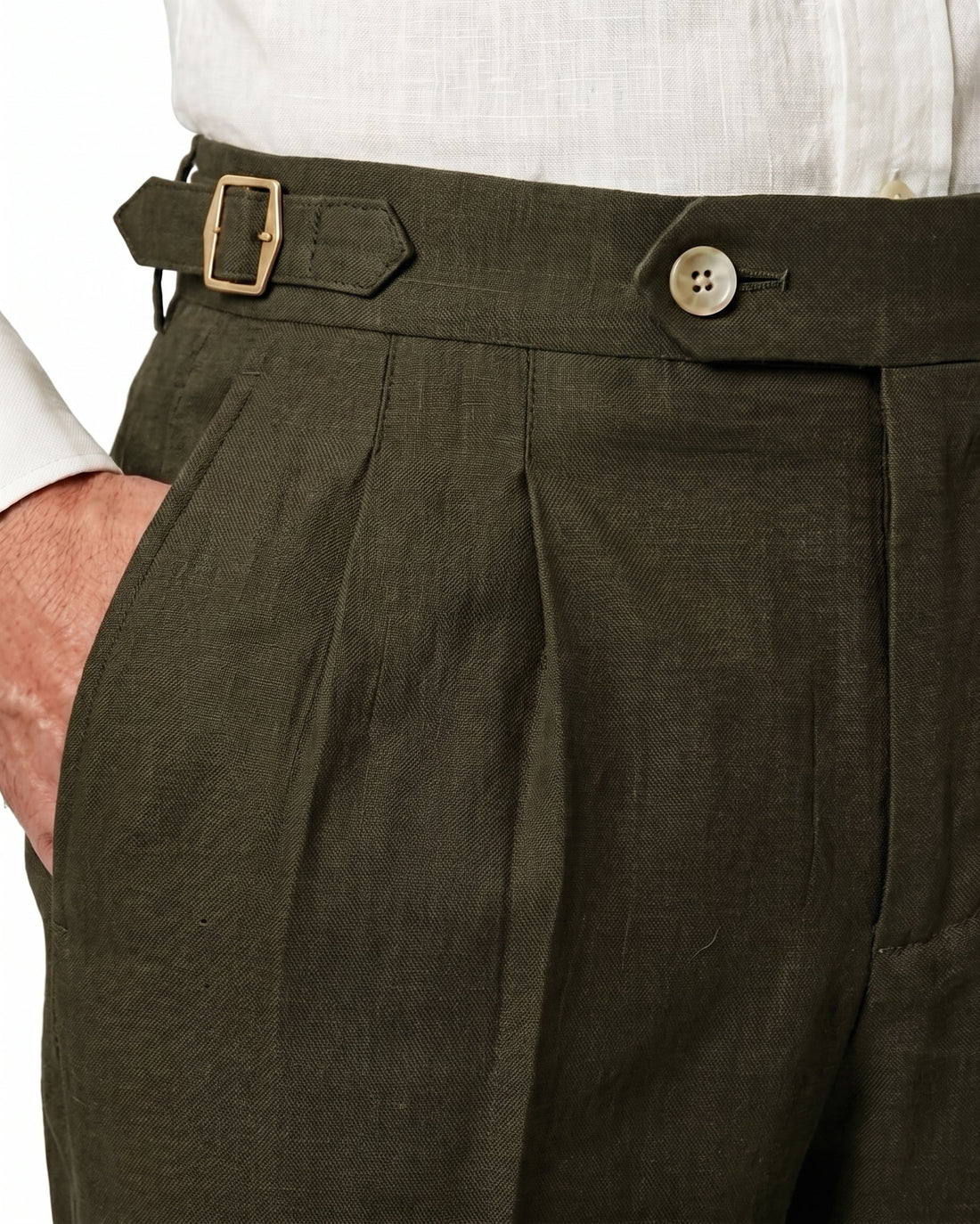 Pleated Linen Trousers, Olive