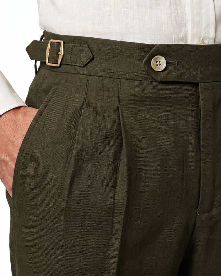 Pleated Linen Trousers, Olive