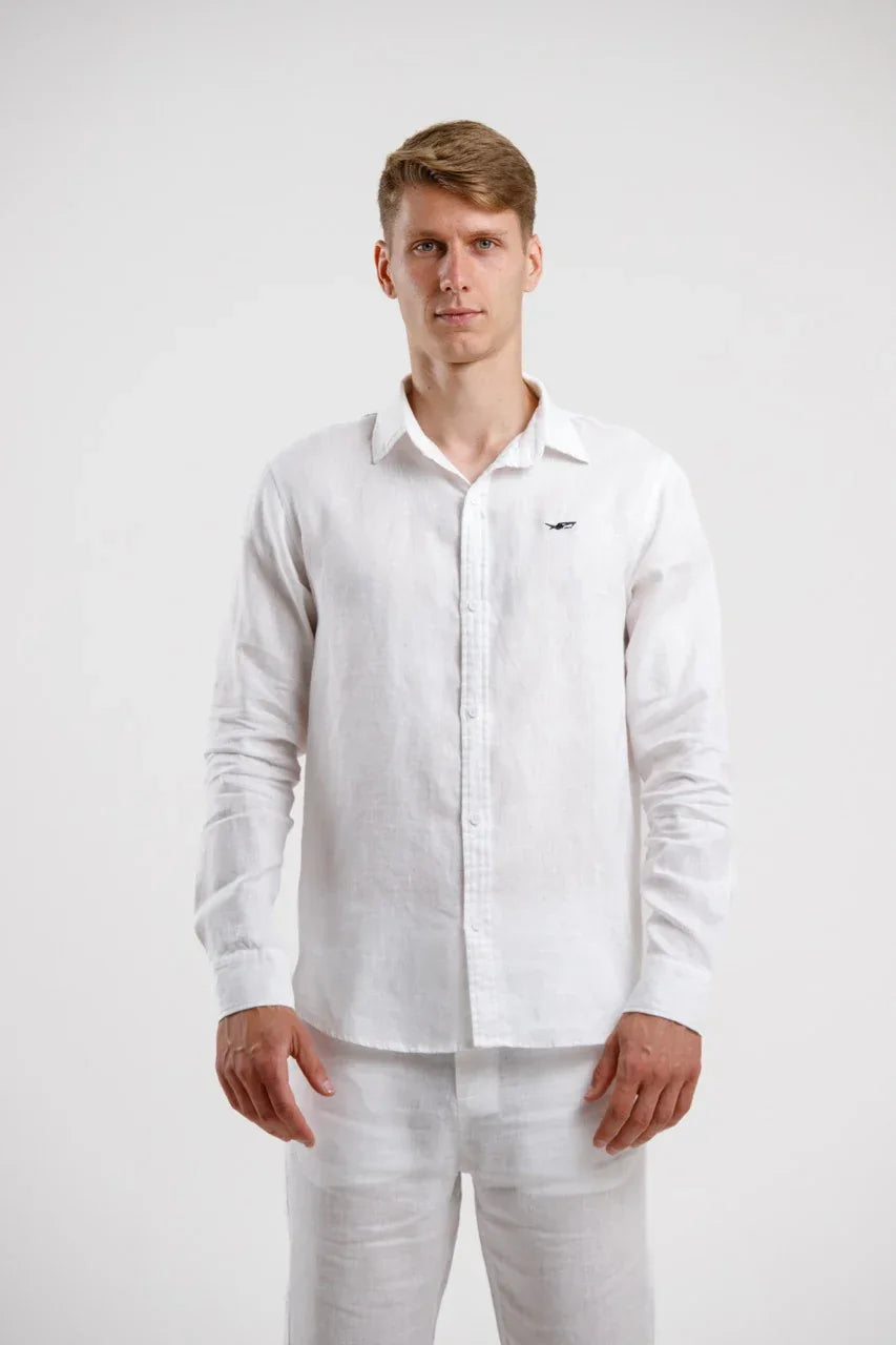 Pure Linen Long Sleeve Shirt - White - Squalo Roma, image 1 of 3